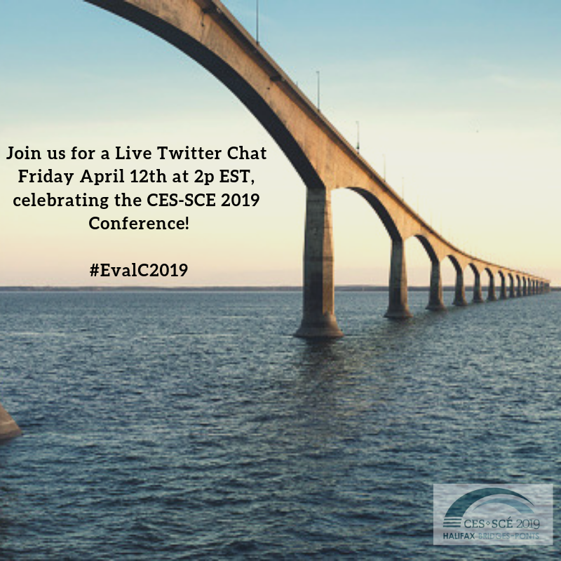 CES_SCE_Conf's tweet photo. Get in the spirit of #evalc2019 by joining us on April 12th (2 pm EST) for a live Twitter chat! Discussion to include conference sessions, 'must-sees', and this year's theme - Bridges.
Everyone is welcome to join in!
#eval #evaluation https://t.co/Keo4vIKwUj