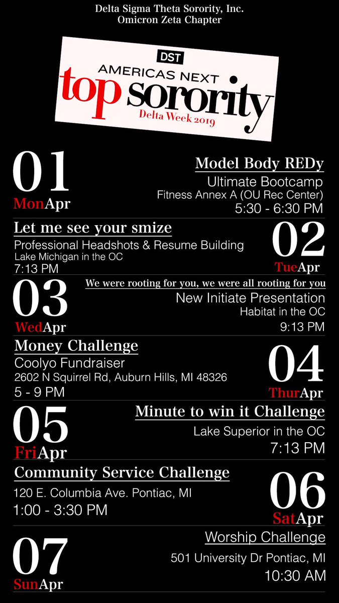 Wanna be on top? You are in the running to be OZ’s next top model 👠 Please join us for our 2019 Delta Week. For Day 2: Donate a household item or food for the campus food pantry for a free professional headshot. For Day 6: you have the Sign a waiver to participate. Link in bio.