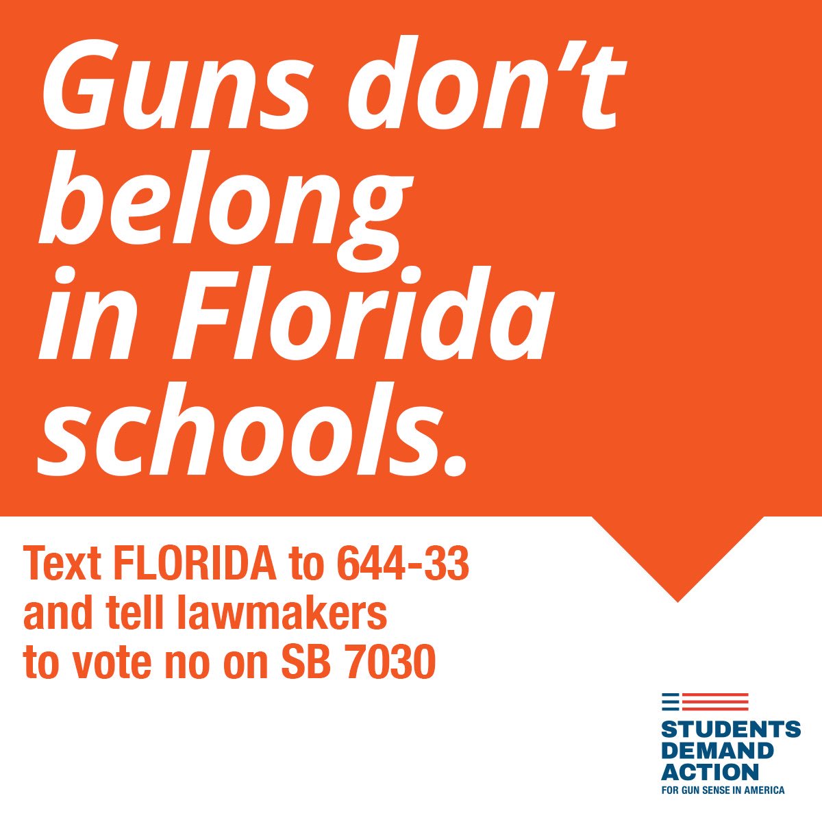 SDA_Naples's tweet photo. In just a few days, lawmakers will consider SB 7030, a bill that would arm teachers. We need to make sure they hear from students across the state about how this policy would put all our lives at risk of gun violence. Text FLORIDA to 644-33 to call lawmakers. https://t.co/4blcjPm4Zv