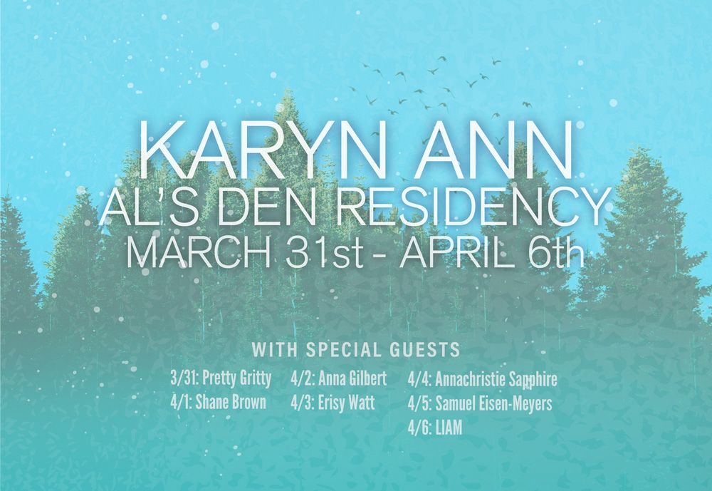 vrtxmag's tweet photo. TOMORROW: @karynannsoul kicks off her first-ever #AlsDen residency at 7pm with @PG_PrettyGritty. Then every evening for a week, don't miss special guests @shanebrownmusic @AnnaGilbert @annachristie_ @ErisyWatt @EisenMeyers @WeAmLiam #PDXmusic @CaptainNeon https://t.co/wkF2mMuXqk https://t.co/bbRubPmdEL