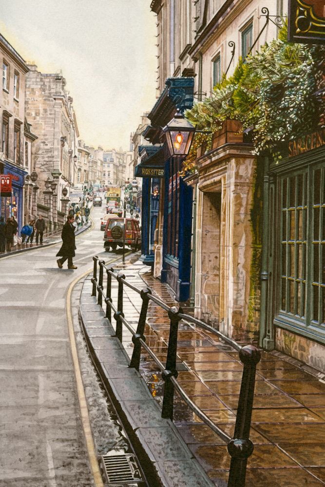 HWarlow's tweet image. It’s difficult not to think this is a photograph, but it isn’t. The artist is Irene Marsh who delights in rainy days in Bath ‘Saracens  Head Broad Street Down.   Magnificent.