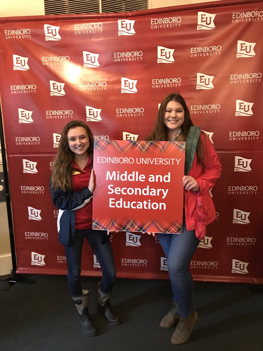 EUMLSEC's tweet photo. Two of our #MLSEC members braved the rain to greet new Middle &amp; Secondary Ed students at the #admittedstudentsday here at #edinborouniversity ! We can’t wait to see the new students in the fall! #GoBoro https://t.co/tnugX0pYyP