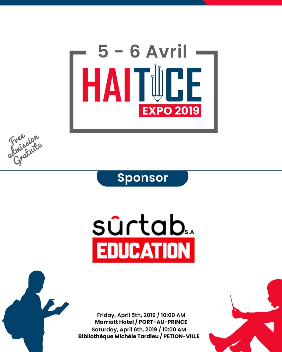 hai_tice's tweet photo. HaiTICE Expo 2019 se yon  paltfòm kote #teknoloji ak #edikasyon makonnen pou ede elèv lekòl ak etidyan aprann pi byen!
Nou kontan genyen @Surtab Education ansann ak nou. Vini dekouvri tout sèvis ak solisyon yo ofri jounen 5 ak 6 Avril 2019 nan #Haiticeexpo #surtab #madeinhaiti https://t.co/1DfefvqHV5