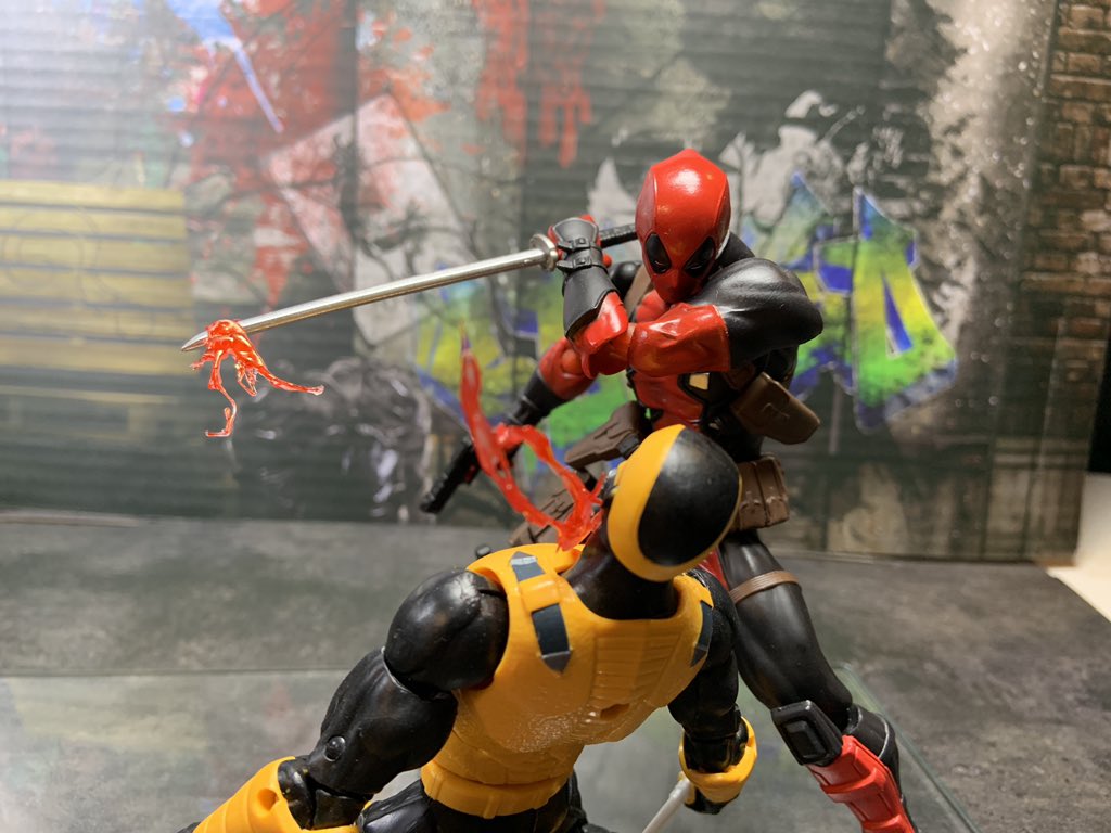 JustOnikx's tweet photo. Quick shot I took with my phone last night, trying to develop a technique for blood splatter. Might even attempt some muzzle flares if it works out #extremesets #deadpool #aimsoldier #blood #diorama #props #practialeffects #actionfigures #actionfigurephotography https://t.co/9cOQY7dsGa