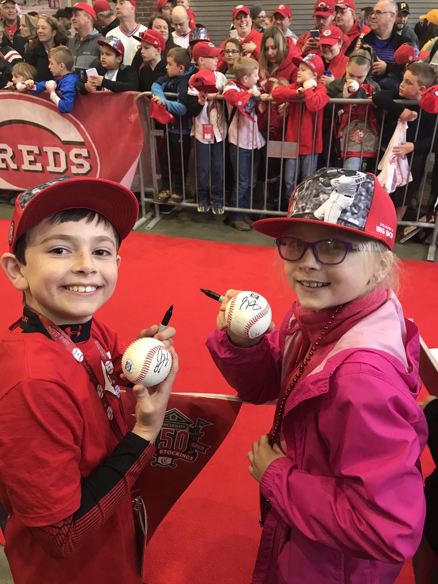 @Reds the weather didn’t cooperate, but autographs from our favs Votto and Puig (among others) made our day! Go Reds! #RedsKidsOpeningDay