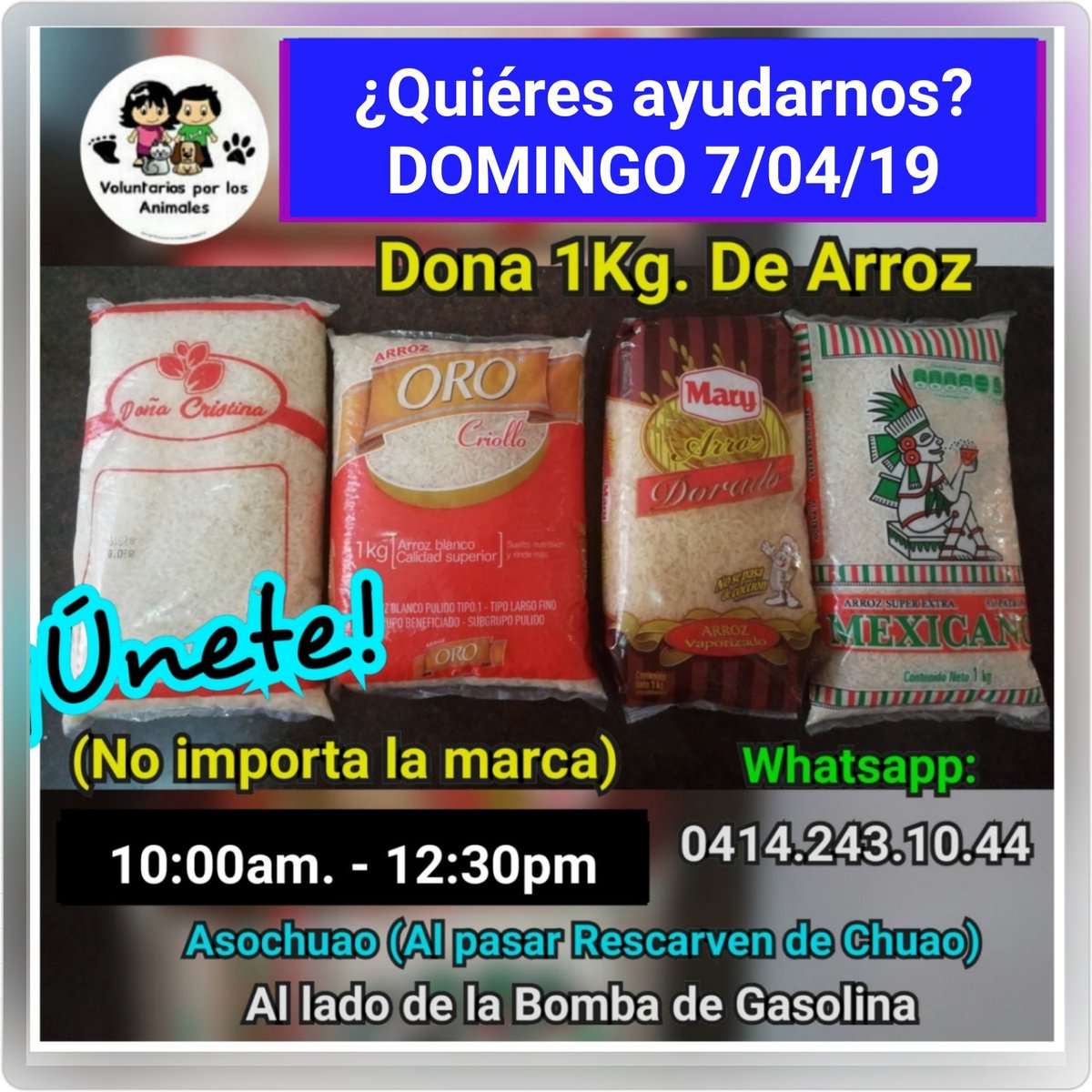 asoc_vpla's tweet photo. ¿Puedes donar 1Kg. De Arroz para los animalitos? Perdimos parte del alimento que les cocinamos por los apagones. DOMINGO #7Abril de 10:00am. a 12:30pm. Lleva tu ayuda a ASOCHUAO. Diagonal al #HotelEurobuilding, al lado de la #BombadeGasolina de Chuao #Ccs https://t.co/3rHd5BzMlJ
