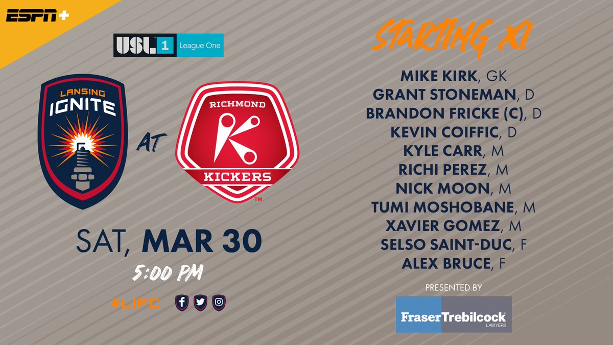 lansingignite's tweet image. Here's our first lineup for the 2019 @USLLeagueOne regular season, presented by @FraserLawFirm!

Defender @b_fricke5 wears the captain's armband.

#LIFC | #RICvLAN