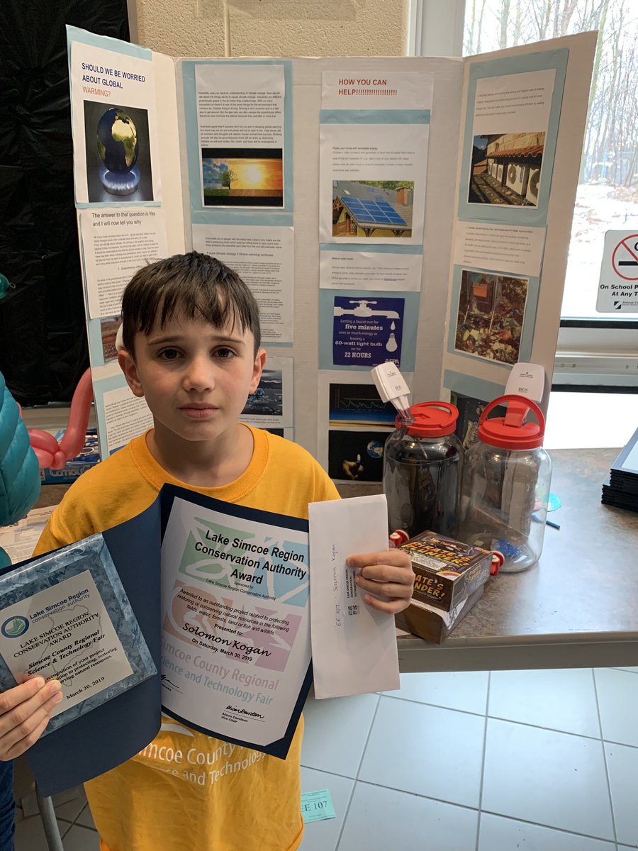 LSRCA's tweet photo. Congratulations Solomon on winning the #LSRCA Award at the Simcoe County Regional Science and Technology Fair! Your project on #climatechange inspired many attendees to #bethechange in the future! https://t.co/J61dexzWqG