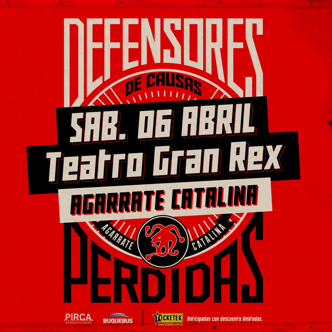 #AgendaVol1 
La murga uruguaya <a href="/LaCatalinaok/">Agarrate Catalina</a> vuelve a Buenos Aires presentando su espectáculo "Defensores de Causas Perdidas"!
📆  Sábado 6 de abril
📌 <a href="/teatrogranrex/">Teatro Gran Rex</a>
🎫 Adquirí tus entradas por sistema <a href="/TicketekAr/">Ticketek Argentina</a> 

cc <a href="/PircaProduccion/">Pirca Producciones</a>