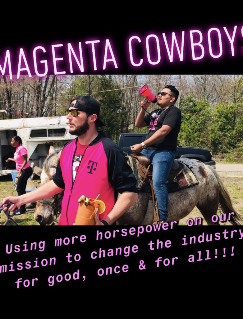 MagentaCowboy's tweet photo. @MANgentaSimon found us horsing around in #BullCity today!  We’ll be out at the #DurhamGreenMarket every weekend!  Come see for yourself why you should make the SWITCH2TMOBILE‼️ #AreYouWithUS  @ExpStores @RKeyser79 @MarcoConde212 @markwirtz7 @JonFreier @SievertMike @JohnLegere https://t.co/c7UWpYhtJ1