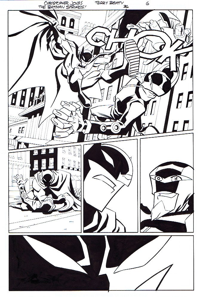 ChrisJonesArt's tweet image. Some black and white art scans from my run on the #BatmanStrikes. Really enjoy doing hand-lettered sound effects on this series. Inks by Terry Beatty. #Batman80