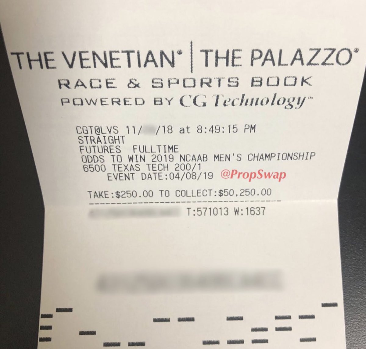 Texas Tech to win it all tickets hitting the board on <a href="/PropSwap/">PropSwap</a>. This one, which would collect $50K, is on sale right now for $9,000. Original ticket bought for $250.