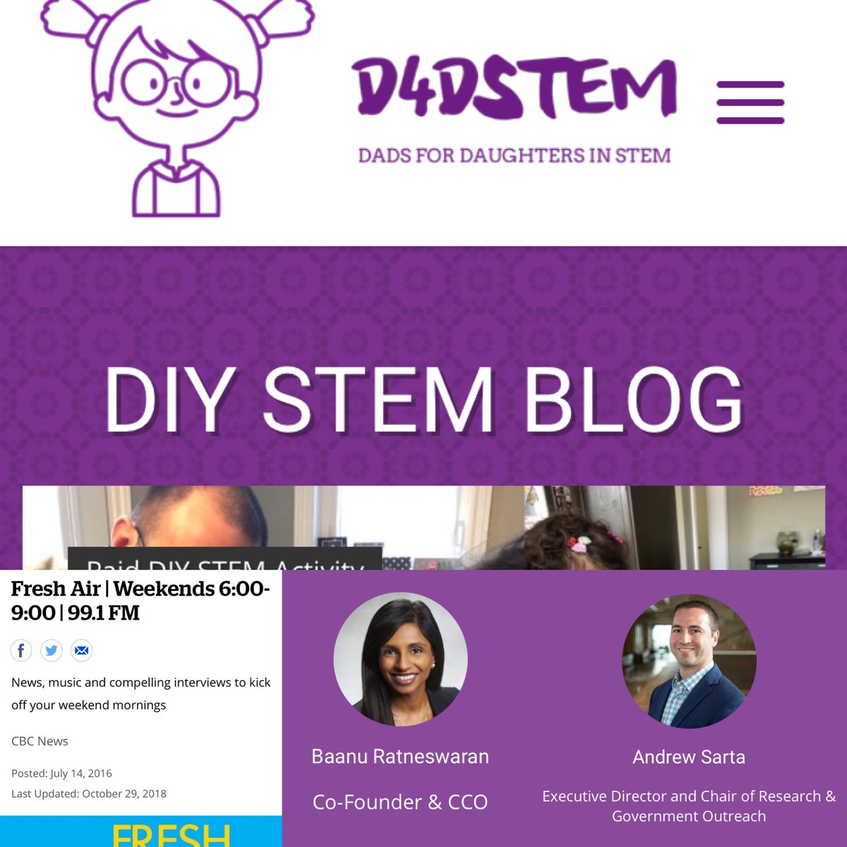 d4dstem's tweet photo. Listen to @cbcfreshair 99.1FM radio tomorrow morning at 7:45am to hear #d4dstem founding members, Baanu &amp; Andrew, talk about the importance of building STEM curiosity and confidence in kids, especially girls, to ensure everyone can participate and compete in the new economy. https://t.co/BCKjXu3kZ9