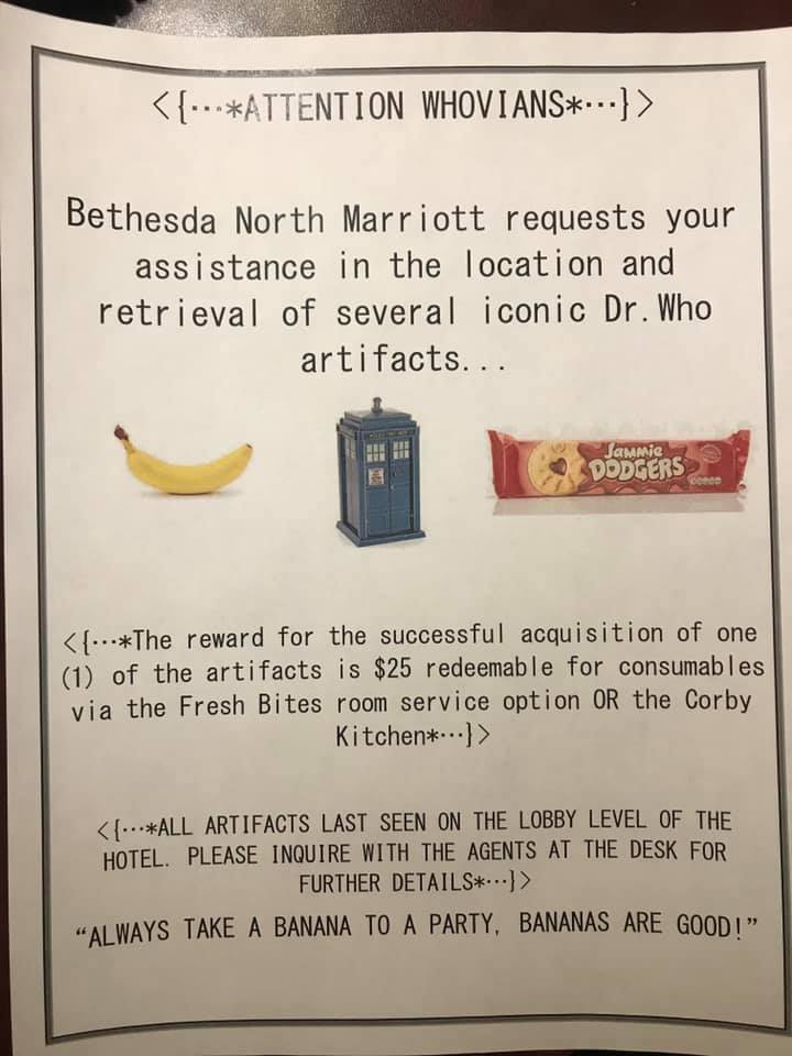 petitesoeur's tweet photo. Respect for the staff of the Bethesda North Marriott in Rockville MD who totally fulfilled #DoctorWho's admonishment to "never fail to be kind" by making lemonade out of the lemons served by the not happening #RegenerationWho https://t.co/f0zEbf7Vek