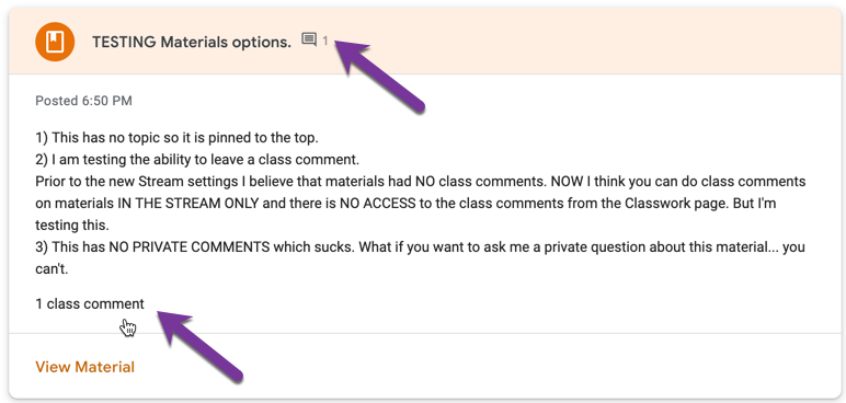 alicekeeler's tweet photo. To find Class Comments on the Classwork page in #googleClassroom look at the BOTTOM of the description. It's in the same font as the description. If your description is long the "Class comments" is not visible until you scroll down to the bottom https://t.co/e07rbf1gFM