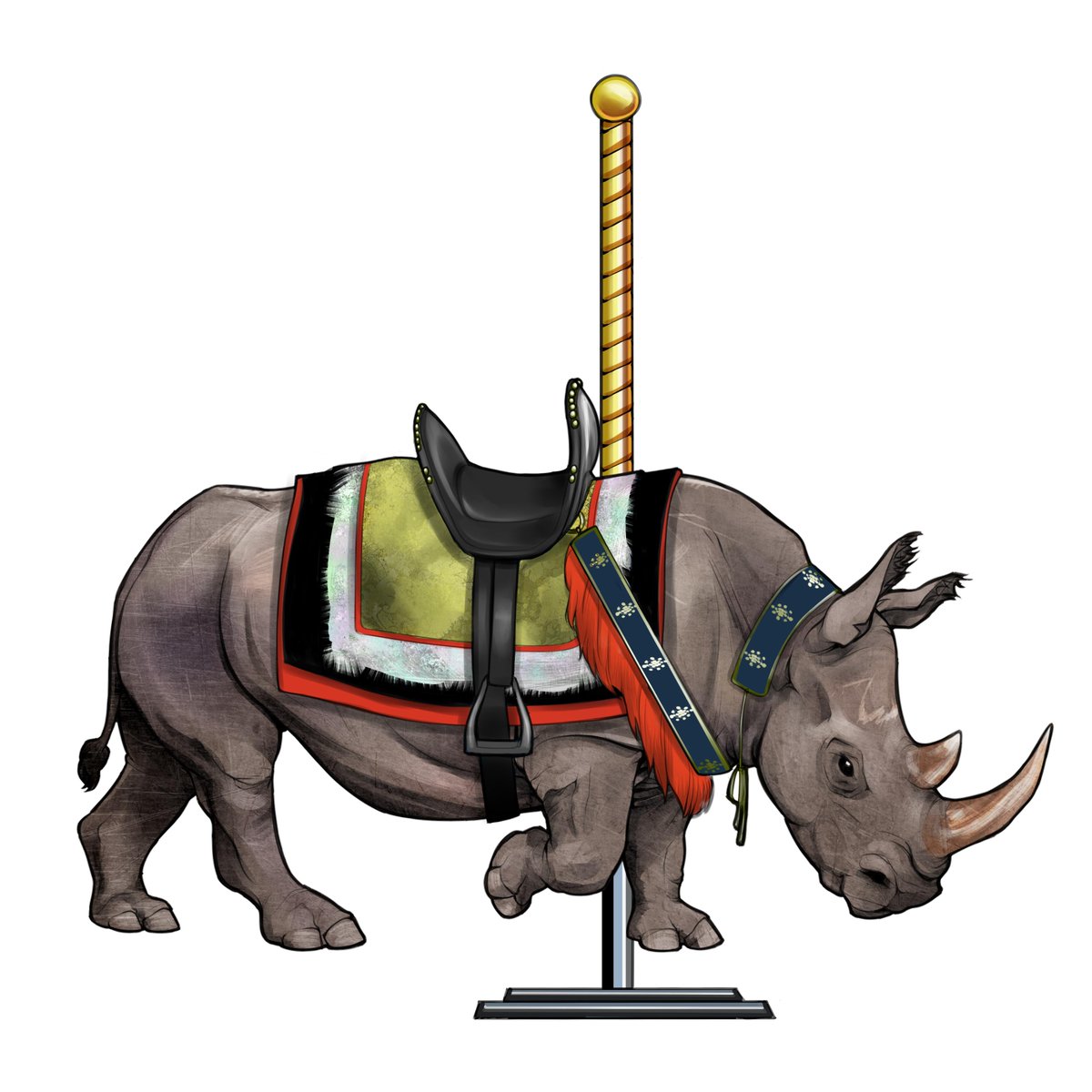 RiverHoltArt's tweet photo. the fifth animal for the #HauntedCarousel - the Western Black Rhino, declared extinct as recently as 2006 due to overhunting (largely poaching). this is just one of several #rhino species driven to extinction in this manner, and remaining species are still under great threat. https://t.co/K2O8G4LbLj