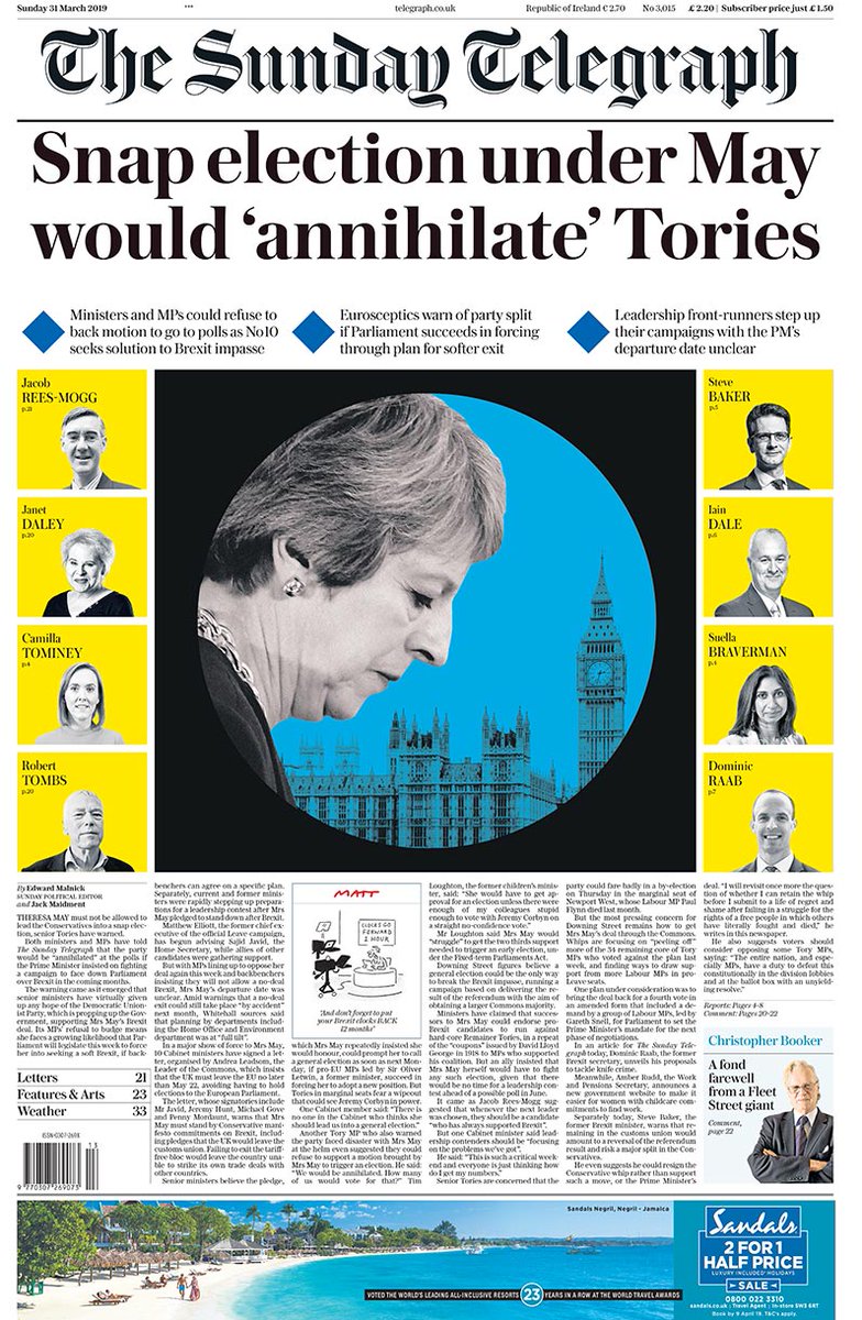 Telegraph's tweet photo. Sunday Telegraph front page: Snap election under May would ‘annihilate’ Tories #tomorrowspaperstoday https://t.co/bRCgaE1AZQ