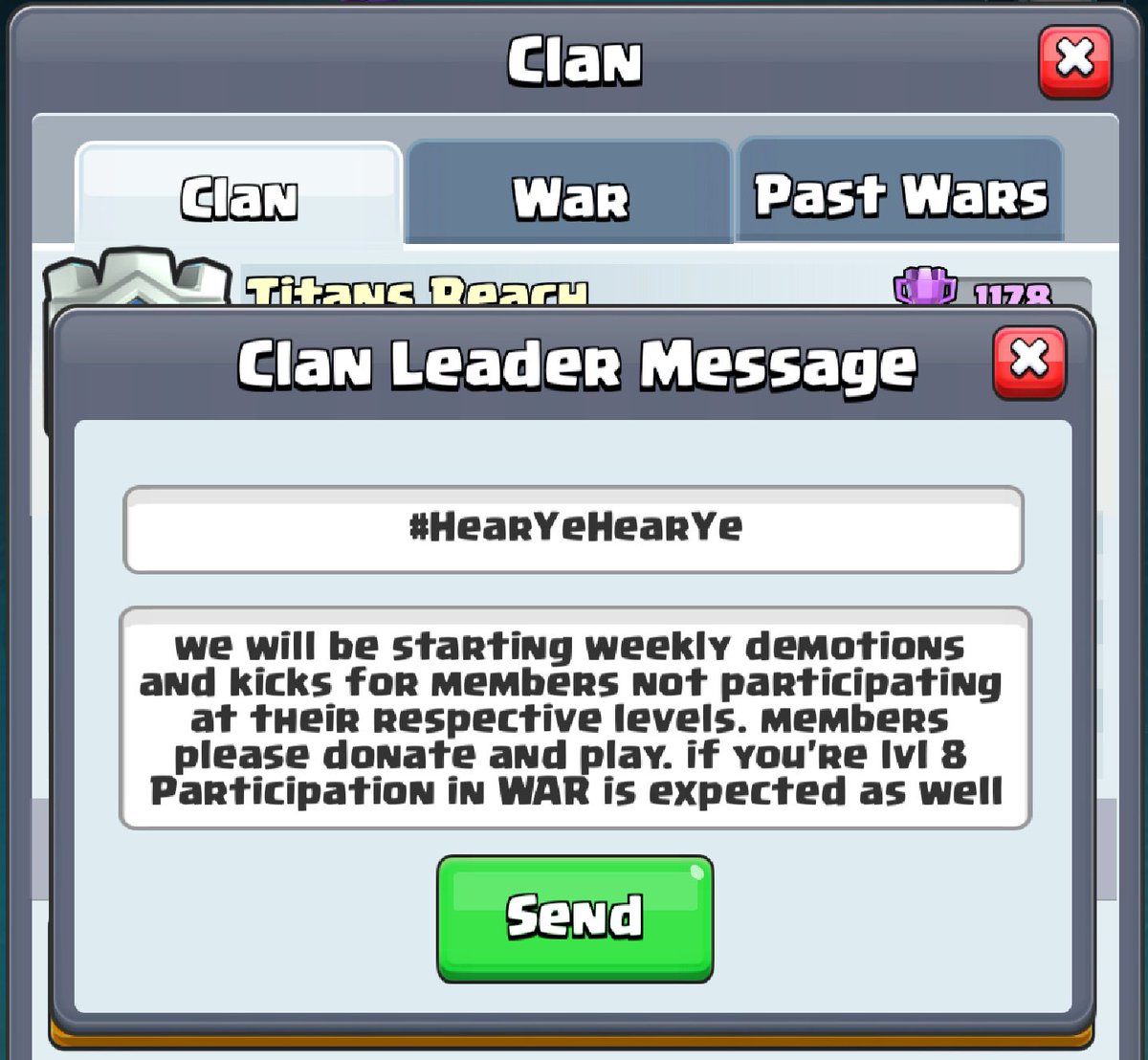 grE3nLigh7_LE37's tweet photo. a message to our @clashroyale players

Participation is key to our progression! We want people who want to play the game here and if you do not want to participate we will not force you to participate but we kindly ask that you leave the clan so that those who want to play can. https://t.co/hSg4lbXQ6h