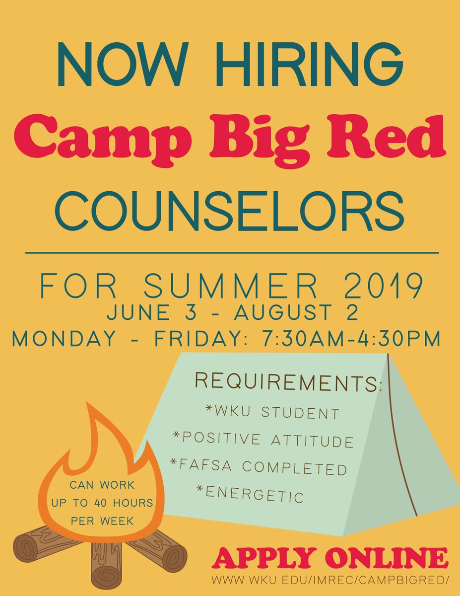 WKURecWell's tweet photo. Still looking for that summer gig? Or do you just love working with kids??? Apply online today to be a Camp Big Red Counselor if you're looking to have the best summer of your life!!! ❤️🎨🏓⛺️

You can find the application at https://t.co/jZrzF4dUoN https://t.co/6CNJohiB1I