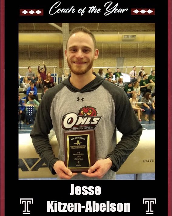 Temple_MGym's tweet photo. Congrats to Head Coach Jesse Kitzen-Abelson for being voted GymAct Coach of the Year! Thankful for all he does for our program 🙏🎉

#templegymnastics #owls #usag #gymact #tumg #templeowls #coach #mensgymnastics #philly #heart https://t.co/1Rk609pmZ5
