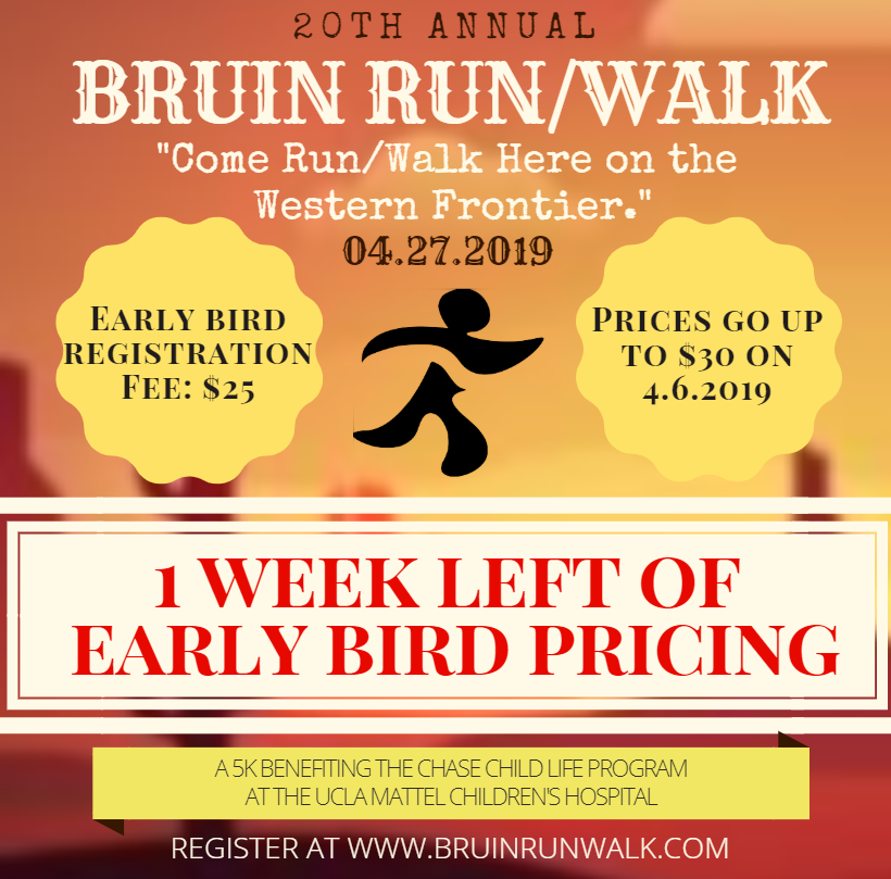 GO GO GO! ONLY ONE WEEK OF EARLY BIRD REGISTRATION LEFT!
 
Join the 20th Annual Bruin Run/Walk!
UCLA students message us for the promo code for a special student discount!
For more information about this event, visit us at:
Website: bruinrunwalk.com