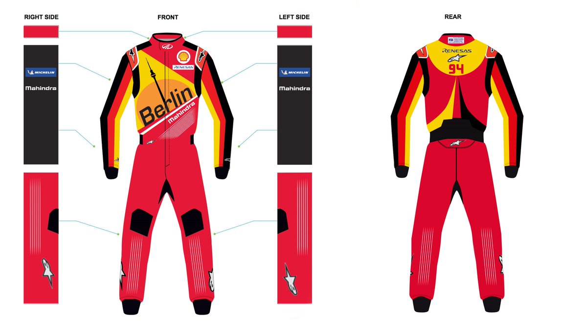 My entry for designing Pascal's race suit for the Berlin E-prix @MahindraRacing #DrivenbyDesign #passioneers #FormulaE