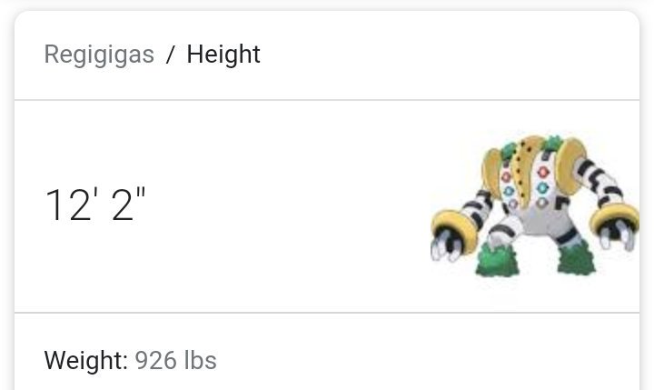 Regirock: 5 '7 "

Regice: 5 '11 "

Registeel: 6' 3 "

. . .

Regigigas: