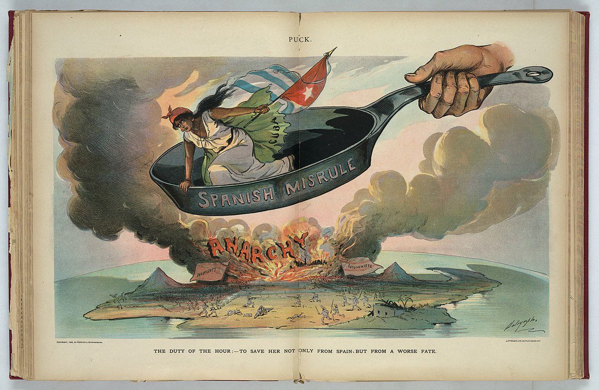 1898 Dalrymple caricature (also in Puck), on Cuba and the Spanish-American War. "The duty of the hour:—To save her not only from Spain but from a worse fate."