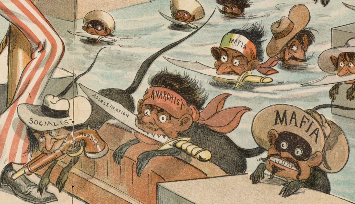 Here's a 1903 Dalrymple titled "The unrestricted dumping-ground." Yikes. The man in the thought bubble is President McKinley, who'd been assassinated a couple years before by Polish-American anarchist Leon Czolgosz (US born).