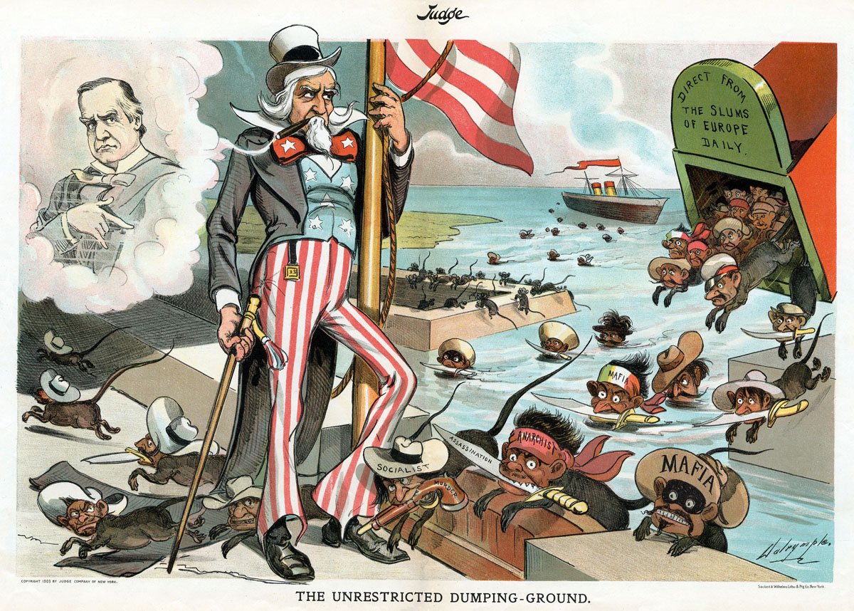 Here's a 1903 Dalrymple titled "The unrestricted dumping-ground." Yikes. The man in the thought bubble is President McKinley, who'd been assassinated a couple years before by Polish-American anarchist Leon Czolgosz (US born).