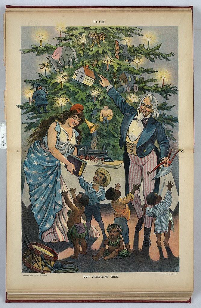 "Our Christmas Tree," Dec. 1899 cartoon in Puck by Joseph Keppler. When this was published people in Puerto Rico had been dying in the thousands from the aftermath of hurricane San Ciriaco.