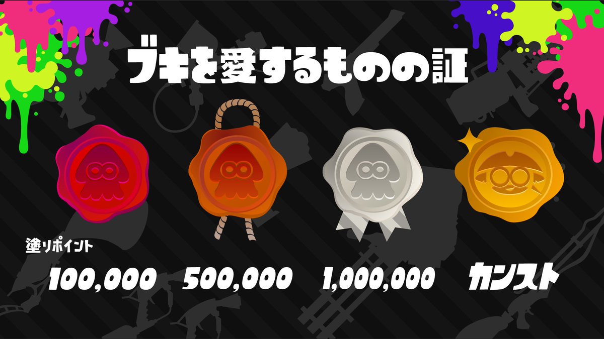 Splatoon スプラトゥーン ブキの追加はこれが最後となるが ブキチからのささやかなプレゼントとして ブキを愛するものの証 が与えられるようになった 塗りポイントが10万 50万 100万 そしてカンストを達成したブキにつけられる まさにブキ