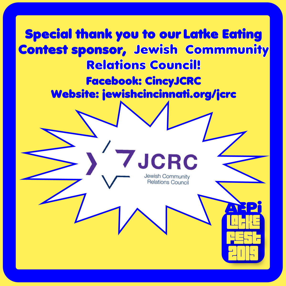 The JCRC of Cincinnati is the PR arm of the Jewish Federation dedicated to furthering the survival of the Jewish people through, advocacy, education, learning, and collaboration with groups outside the Jewish community. Learn more at their Facebook or Website #cincylatkefest