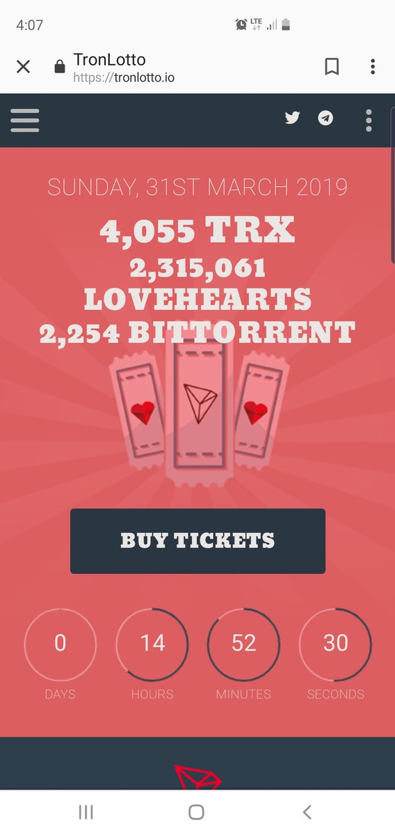 Just under 15 hours till we have 3 more TronLotto winners.
#TRX lottery ✅
#LoveHearts lottery ✅
#BTT lottery ✅
Enter at TronLotto.io, in <a href="/TronWalletMe/">TronWalletMe</a>, in <a href="/Mathwallet/">MathWallet</a> or using <a href="/GoSeedit/">Seedit</a>
Is this the week you join the winners list? #cryptocurrency #TRON #tronix