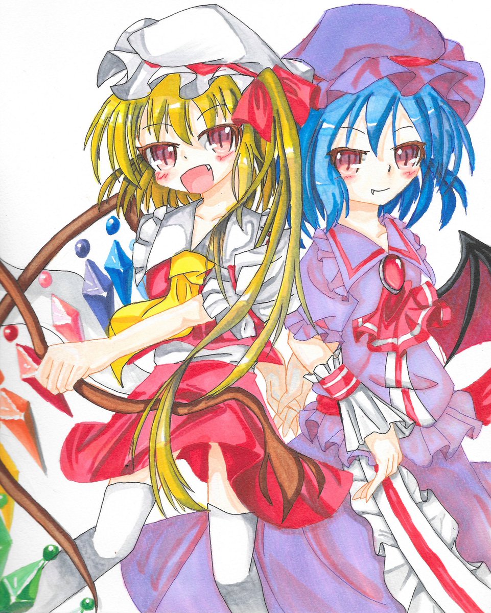 望月 風弓 てお神の巫女 6枚目 これはそれなり自信作 ただし 現状で あぁもう フランちゃん可愛いよぅ 東方project コピック アナログ フランドール スカーレット レミリア スカーレット レミフラ