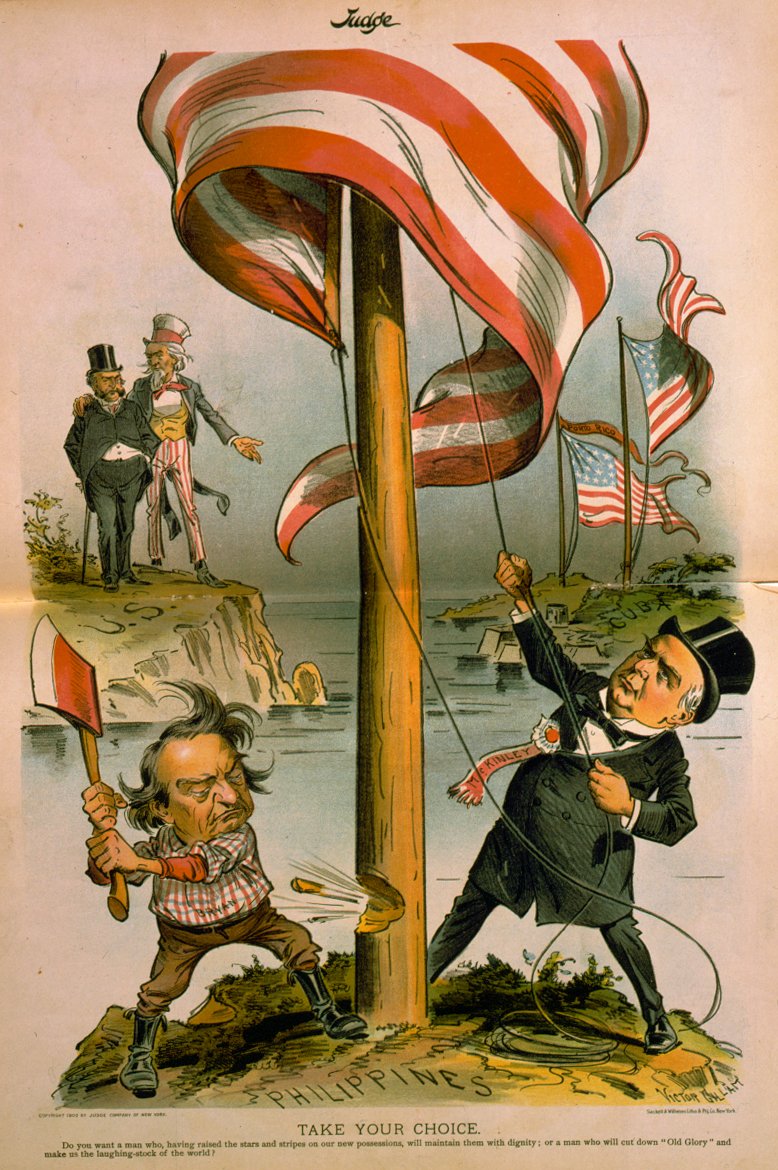 McKinley vs. William Jennings Bryan, 1900 election. "Do you want a man who, having raised the stars and stripes on our new possessions, will maintain them with dignity; or a man who will cut down 'Old Glory' and make us the laughing-stock of the world?" (Signed Victor Gillam.)