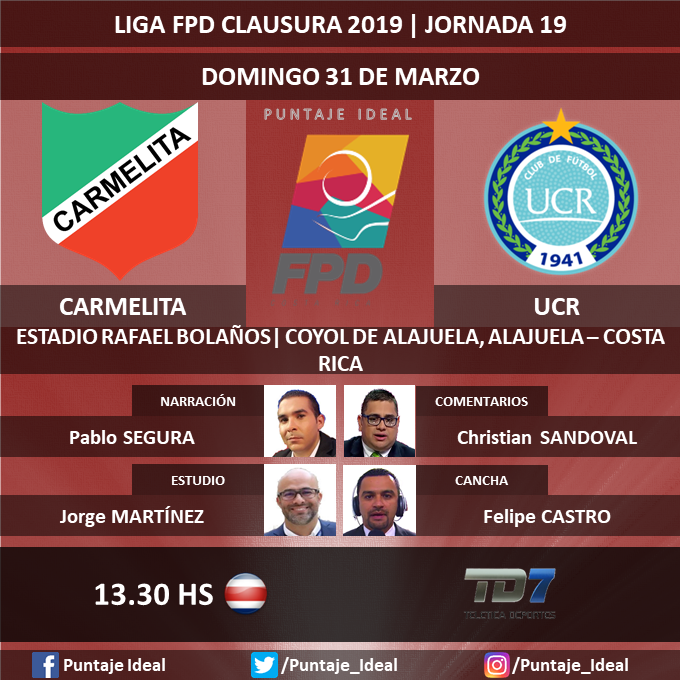 laguiapambolera's tweet photo. ⚽ #LigaFPD 🇨🇷 | #Carmelita vs. #UCR
🎙 Narración: @PabloSeguraS
🎙 Comentarios: @c_sandovalp
🎙 Estudio: @jorge8martinez
🎙 Cancha: @FelipeCastroAr
🎙 Análisis Arbitral: @RamonLuisMendez
📺 @TeleticaTD7
🖥 APP de @tdmas_cr
🤳 #EstamosEnLaCancha
Dale RT 🔃 https://t.co/kbwAIrCDY2