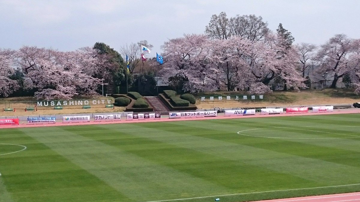 西東京タワー 武蔵野陸上競技場 東京武蔵野シティ対fc大阪 桜がスタジアム芝生席の周りをぐるッと囲むあたりjリーグのスタジアムにはない魅力があるなと