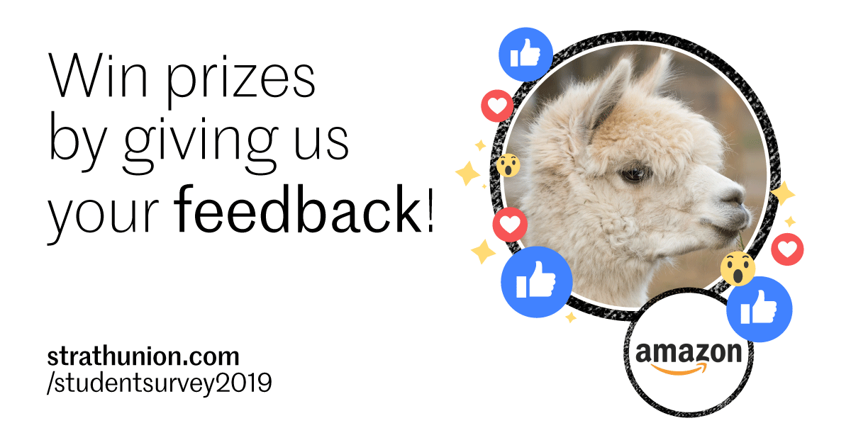 StrathUnion's tweet photo. By taking our student survey, you could be in for a chance to win a £30 Amazon voucher, or better yet, hang out with some alpacas! https://t.co/VXzJog8iop https://t.co/A5h1Q3vVkf