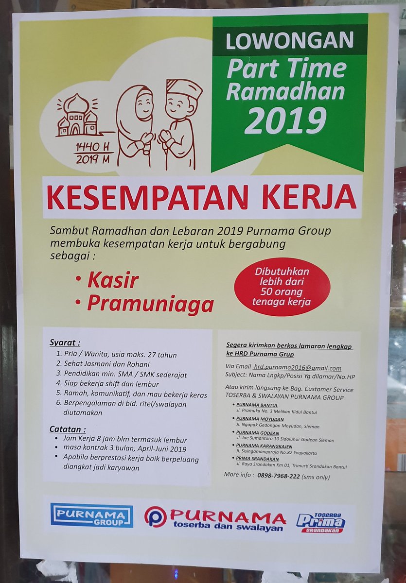 Lowongan kerja Part Time di <a href="/purnama_group/">P✍️na</a>. Selama Ramadhan #1440H. Mungkin aja bisa diperpanjang 😊