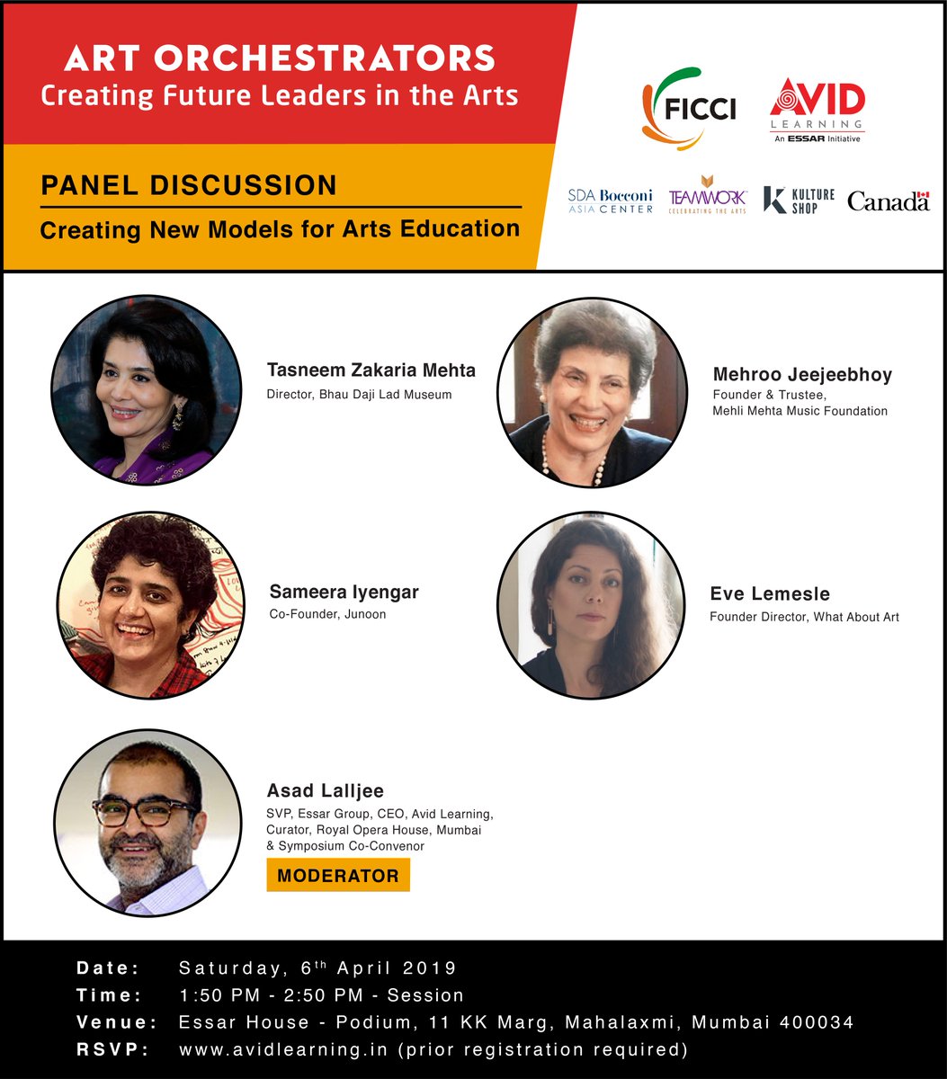 AvidLearning's tweet photo. Our 2nd panel discussion at #ArtOrchestrators will be on Creating New Models for Arts Education w/ @BDLMuseum's @tzmehta, Mehli Mehta Music Foundation's Mehroo Jeejeebhoy, @JunoonTheatre's @sameeraiyengar
&amp; What About Art's Eve Lemesle w/ @asadlalljee.

#LearningNeverStops https://t.co/ADGikT46NL