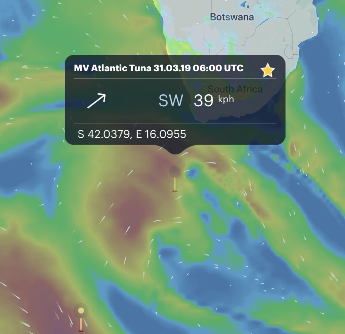 Dom 3Z9DX reported Atlantic Tuna's location at 42.03S, 16.09E 06:00 UTC speed 9 knots. Weather improves a little bit. They feel ok but tired. Forecasts indicate a bigger improvement tomorrow. 

#3Y0I #Bouvet #BouvetIsland #DX #hamradio #DXpedition #cyclone #storm #SouthAtlantic