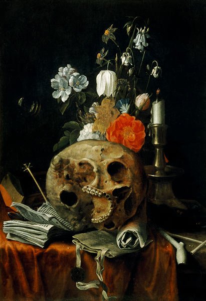 "Vanitas" is Latin for empty, futile, WORTHLESS. And it's a description of your SHORT AND POINTLESS MORTAL LIFE.Skulls, snuffed and short candles, wilting flowers, emptying hourglasses, fragile soap bubbles, toppled glasses. The symbolism is still clear, centuries later.