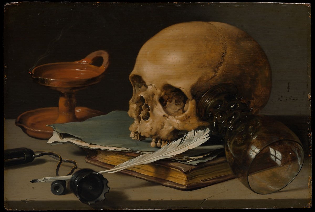 Vanitas paintings often depicted symbols of mortal wealth, accomplishment, and luxurious pleasure; playing cards, tobacco pipes, instruments, Chinese porcelain, hefty tomes. And they were often featured alongside skulls.Cuz none of it mattered. You couldn't take it with you.
