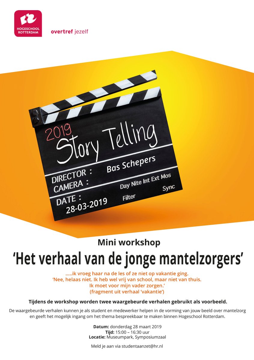 StudentaanZet's tweet photo. Workshop "Het verhaal van de jonge mantelzorgers" De waargebeurde verhalen kunnen je als #student en #medewerker helpen in de vorming van jouw beeld over #mantelzorg en maakt het mogelijk om het thema #bespreekbaar te maken binnen @hsrotterdam
Meld je aan via studentaanzet@hr.nl https://t.co/Tq0wjHfeZ6