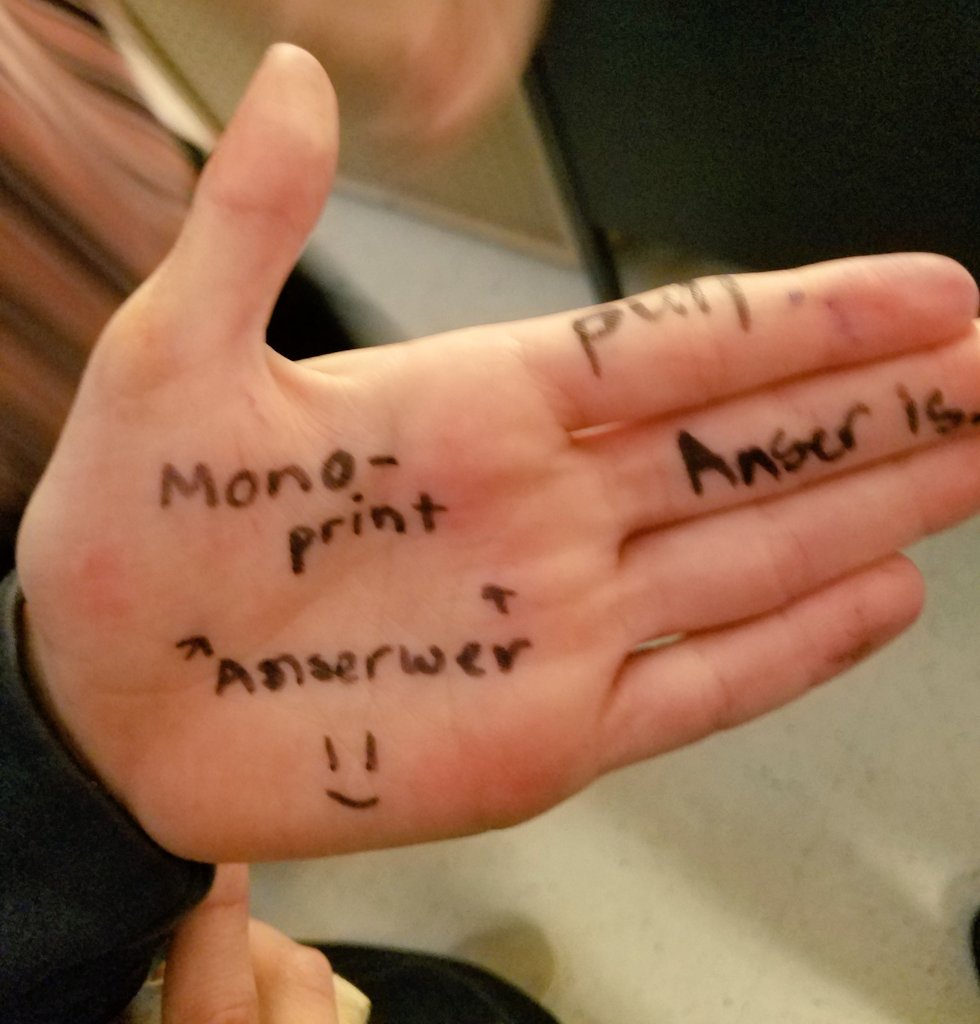 KincaidArt's tweet image. At the end if each class I ask a question about the lesson. Apparently the stakes are high enough to "cheat"😂 Hey kid, kudos for keeping the Knowledge...permanent✒👐🏾🧠
#cobbartrocks #celebratekincaid #teachart #lovemystudents #yam2019