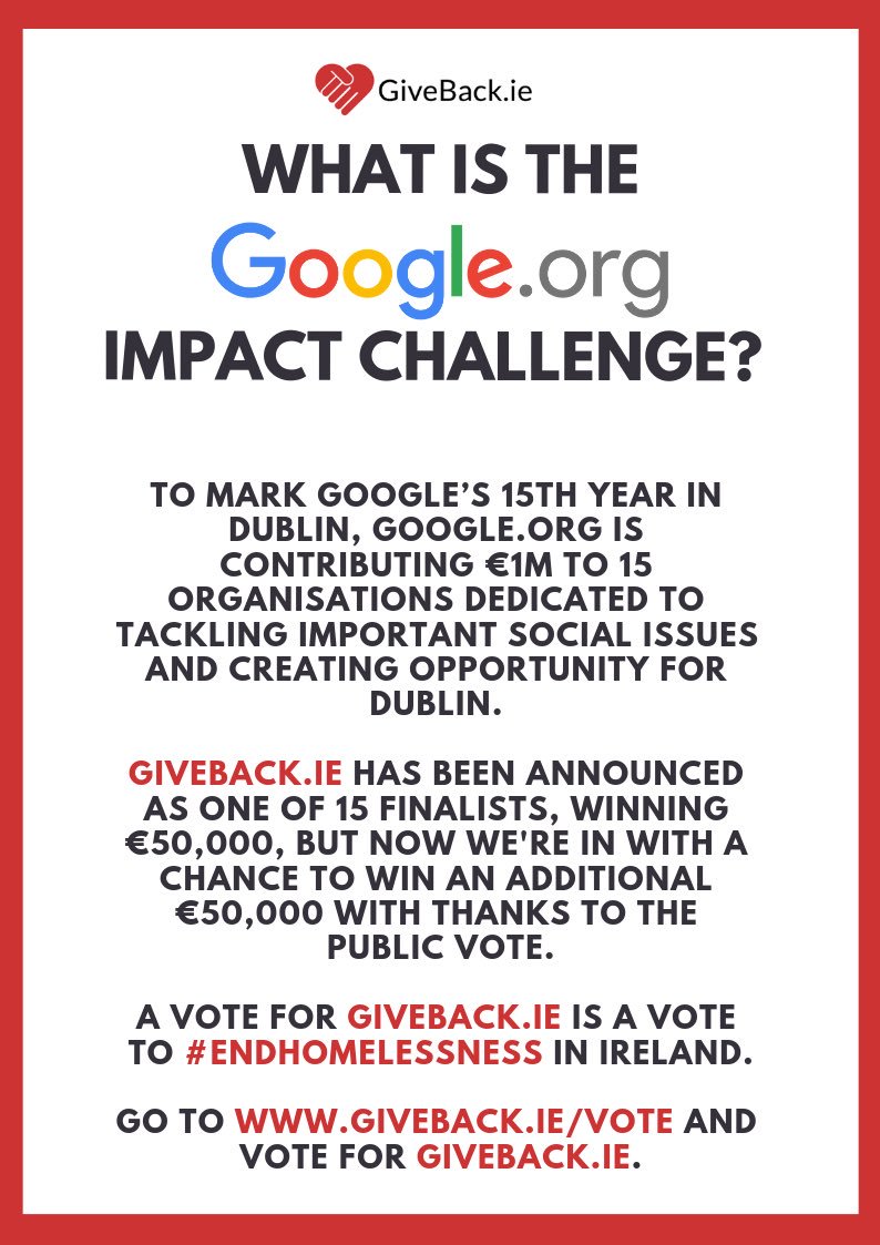 givebackIE's tweet photo. We are delighted to announce that we have been selected as a finalist of the #GoogleImpactChallenge and have received €50,000 funding!

Now we need your help to double our funding! Vote by clicking here: https://t.co/eQpj1HELQW https://t.co/vxPH5s1Kwh