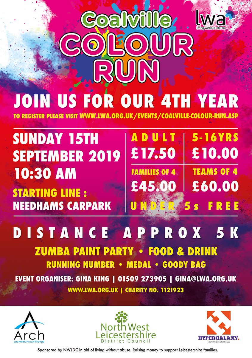 cvillecolourrun's tweet photo. Coalville Colour Run is back!
In its 4th year this highly anticipated event has put Coalville firmly on the map as the most colourful town in North West Leicestershire! 🌈

Will you be joining us this year? Is this your first year? Let us know.
#CoalvilleColourRun #ColourRun https://t.co/rSXY5c7MPk