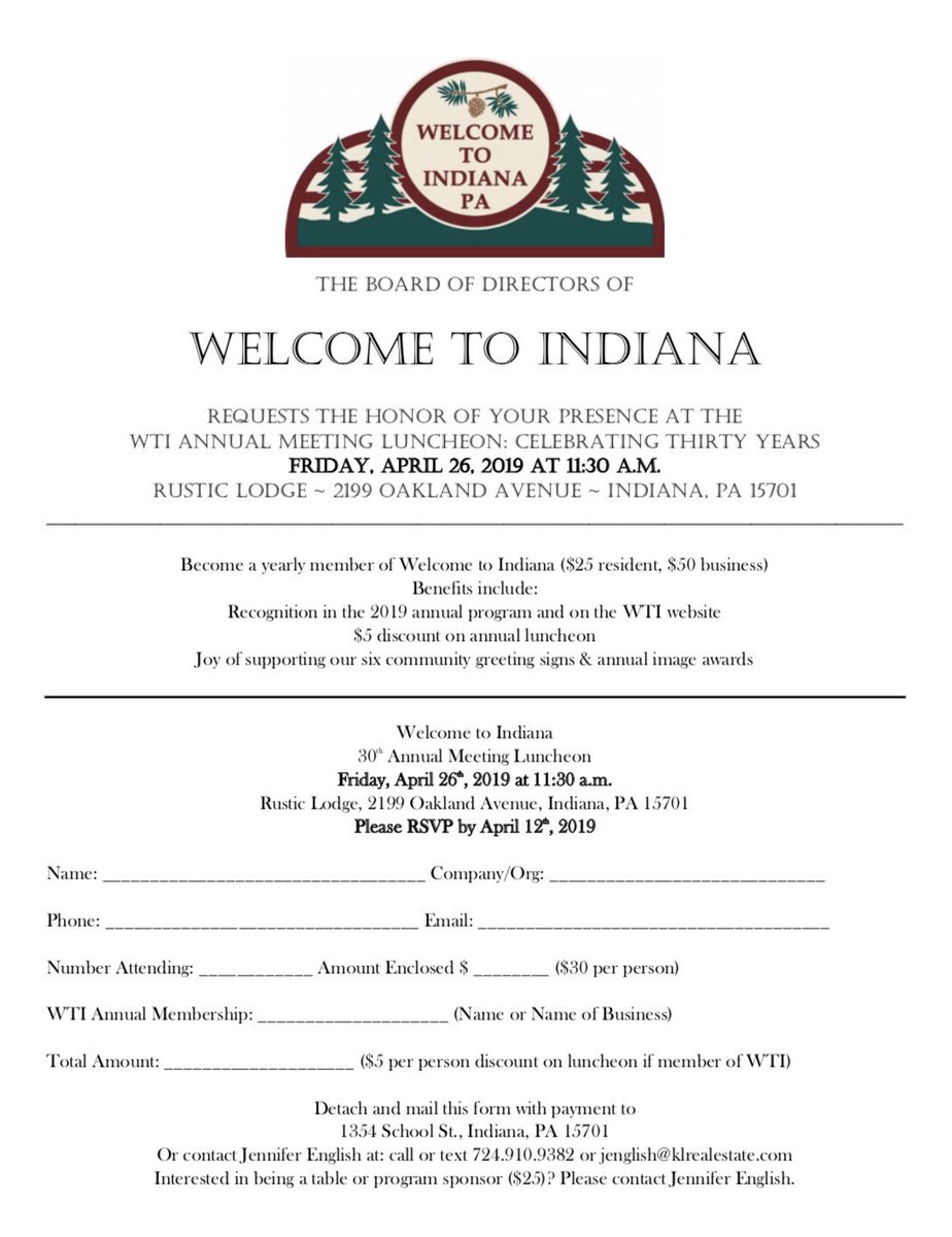 WTIndianaPA's tweet photo. The “Welcome to Indiana Annual Meeting Luncheon: Celebrating Thirty Years” event will be held on Arbor Day, Friday, April 26th, 2019 at 11:30 a.m. at the Rustic Lodge in Indiana. The luncheon will honor the 2019 Image Award winners. Registration at https://t.co/nOUvLPL5PB https://t.co/Rq8jpHIBgA