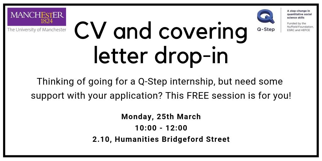 Our lovely friends at @ManUniCareers are running a drop-in CV and covering letter session for Q-Step internship applicants! See you on Monday 25th, 10:00 - 12:00, in 2.10 Humanities Bridgeford Street #qstep